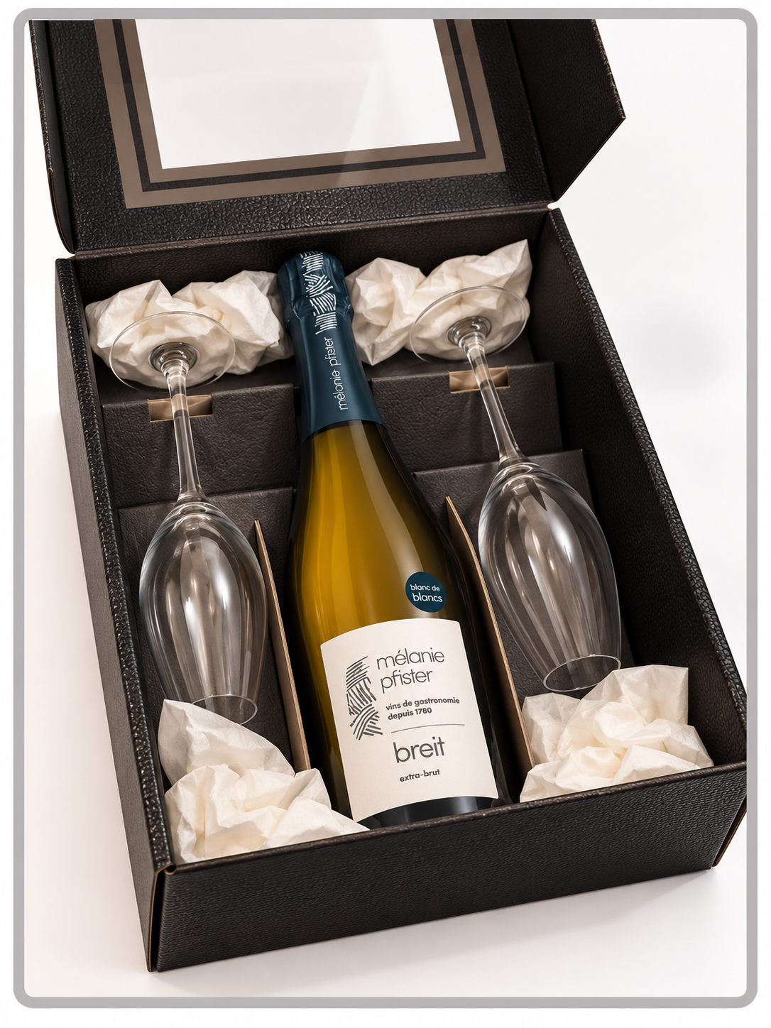 Geschenk Crémant d'Alsace Pfister met 2 Riedel glazen